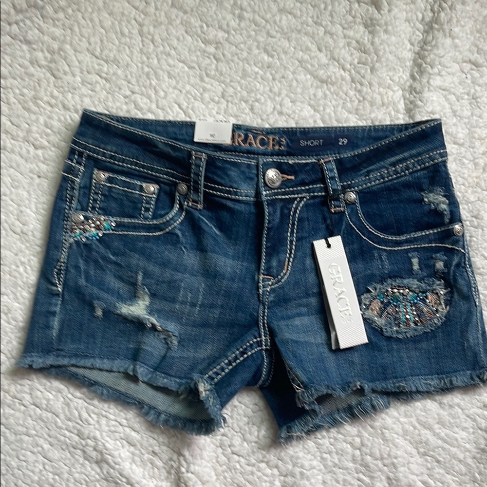 Grace Blue Jean Shorts Distressed Denim NWT